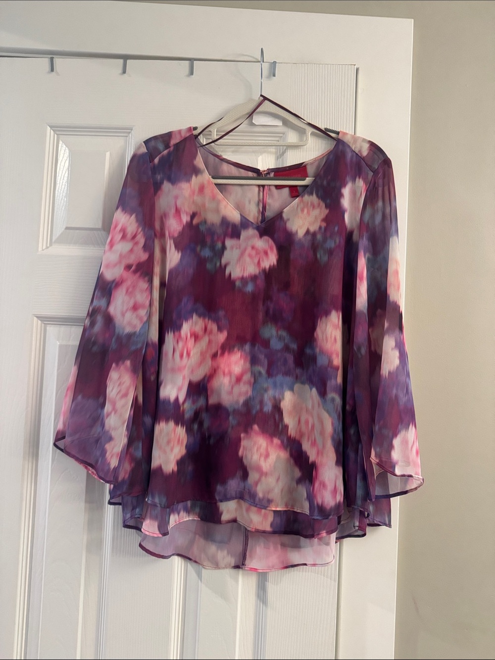 Jennifer Lopez Sheer Floral V-Neck Chiffon Blouse in Purple and Pink